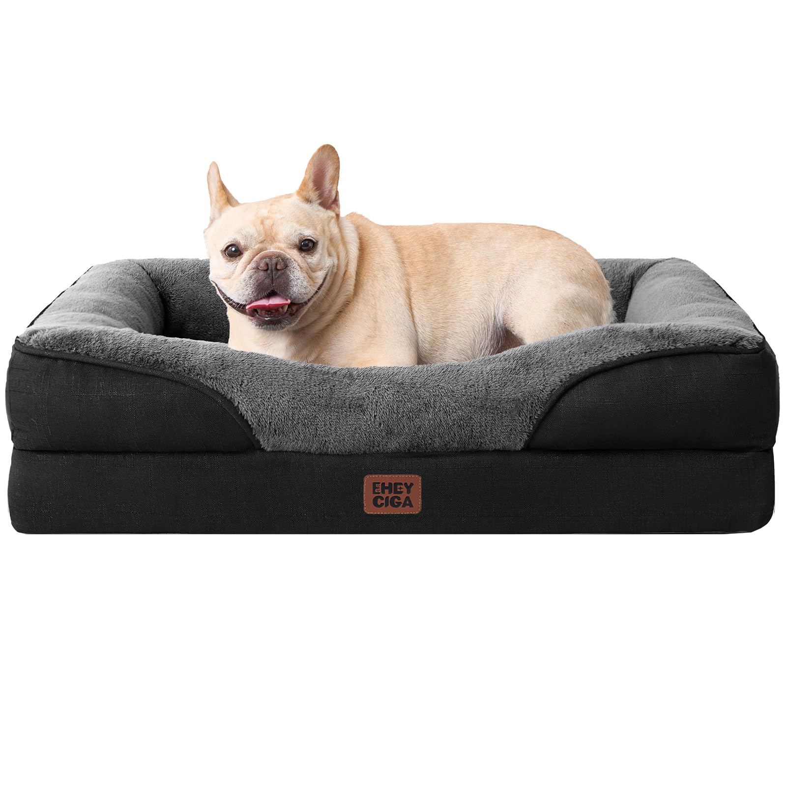 EHEYCIGA Memory Foam Cuccia Cane Interno Taglia Media, Impermeabile Divano per Cani Sfoderabile e Lavabile, Letto per Cani con 4 Bordi Rialzati, Grigio Scuro/Nero, 76x51x16.5cm