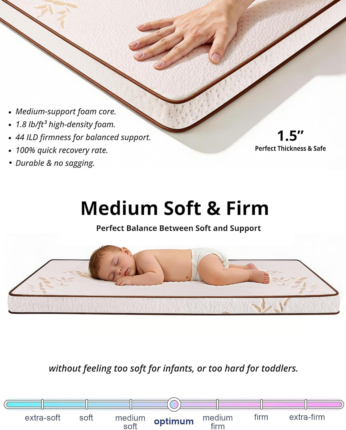 Pack and Play Mattress 38"x26" Playard Baby Pad for Pack n Play, No Gap Safer 3D Piped Edge, 1.5" Thick Medium Firm, Breathable Waterproof Washable Cooling Bamboo Cover, Beige