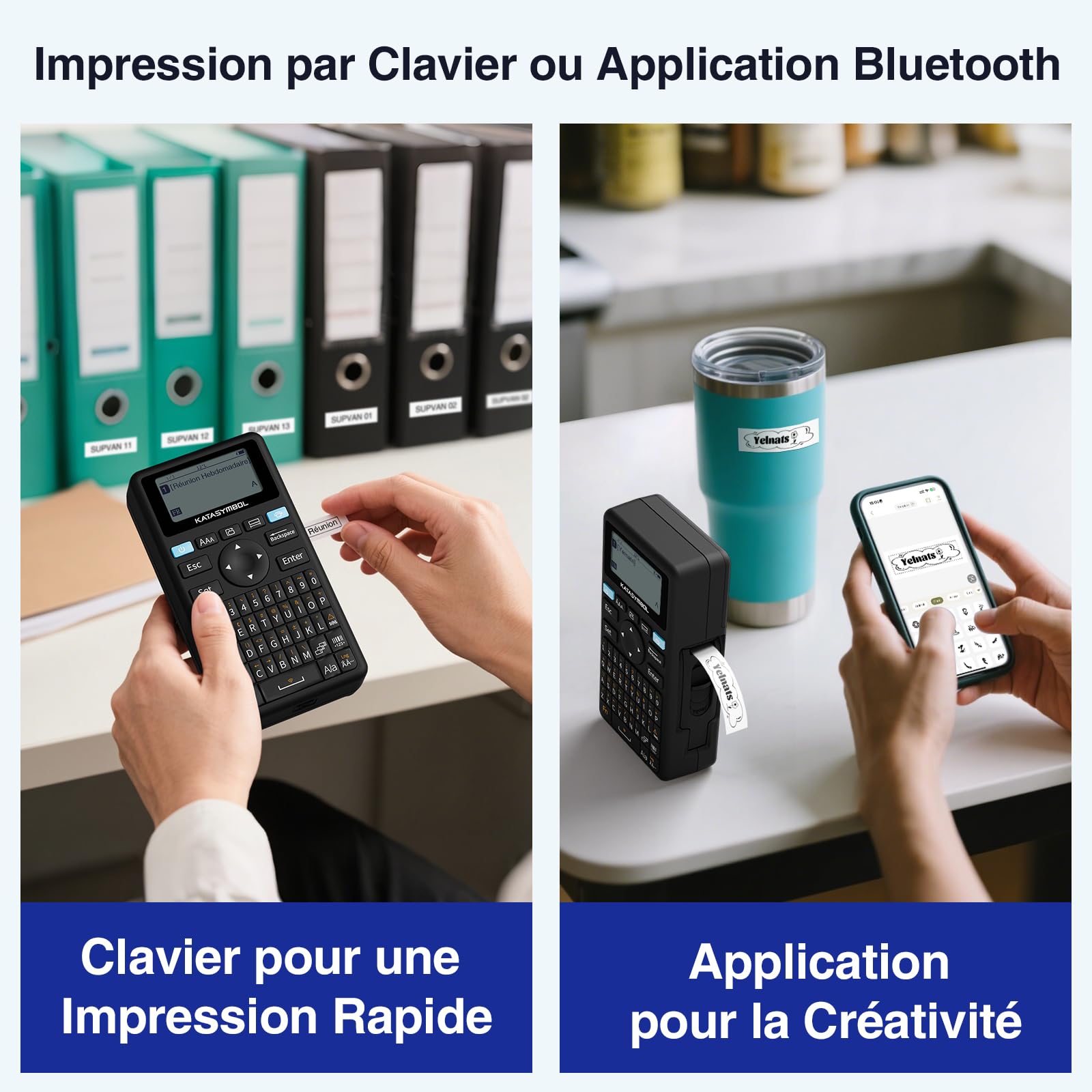 SUPVAN E11 Étiqueteuse Bluetooth avec 4 Rubans, Compatible avec Le Clavier et l'App, Plus de 30 Polices et 660+ Icônes, sans Encre, idéal pour la Maison, la Cuisine, Le Bureau, l'École, Noir