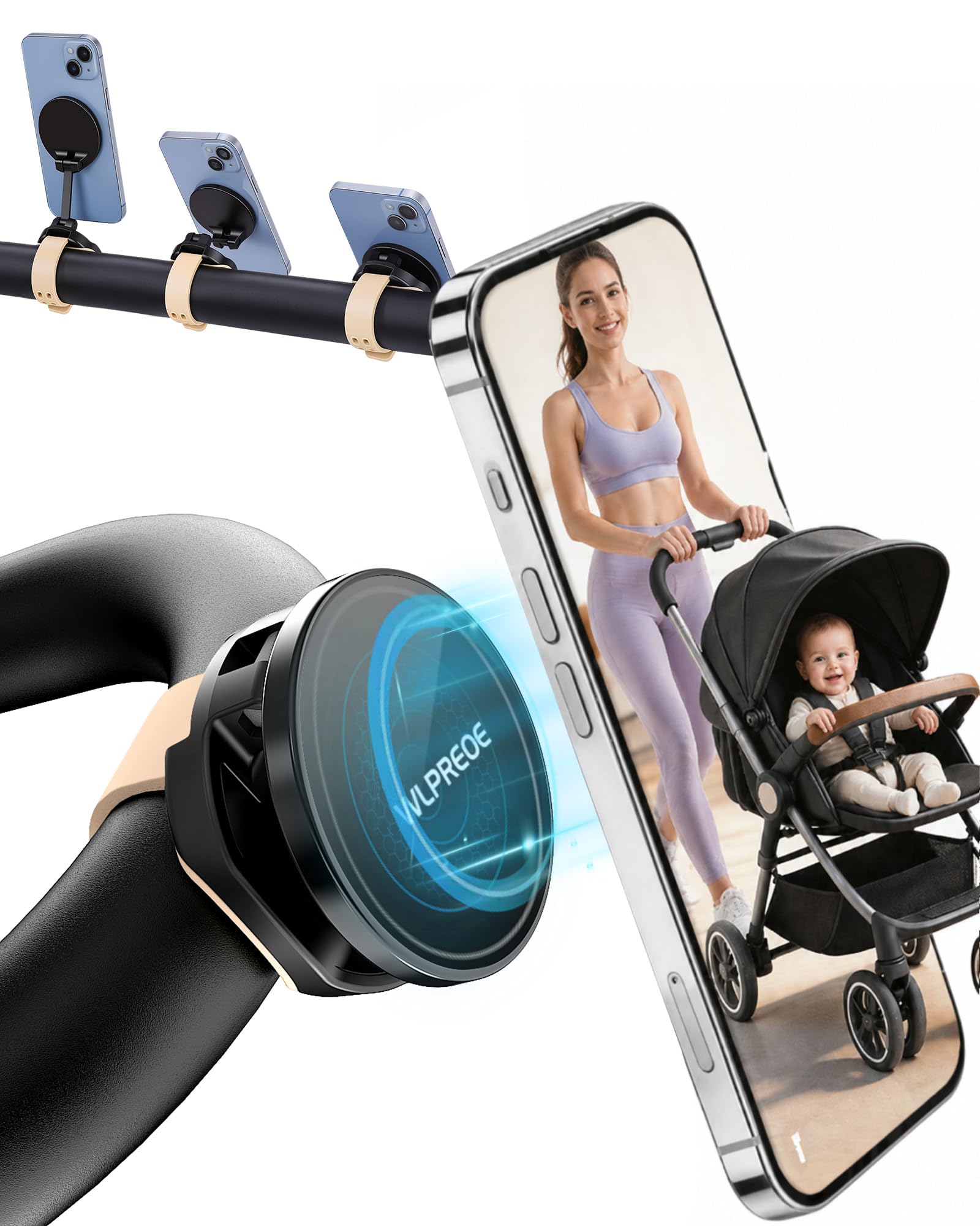 Soporte de teléfono 3 en 1 beige para cochecito MagSafe con brazo plegable, soporte magnético para teléfono y correa, accesorios para mamá en el cochecito o paseos, se adapta a Nuna, Doona, Graco para
