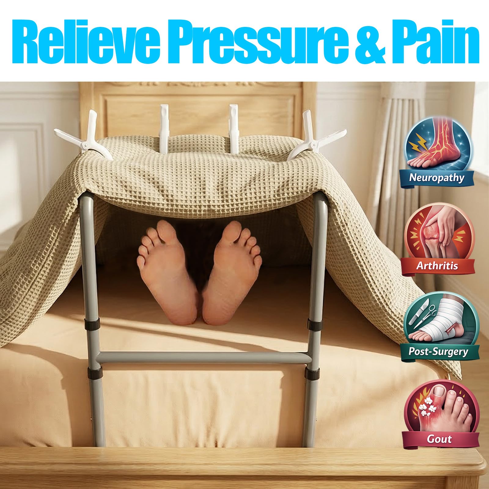 Elevador de manta antideslizante de altura ajustable para pies, soporte de recuperación postoperatoria para aliviar la presión en pies, rodilla y tobillo para un sueño más cómodo, con 4 clips