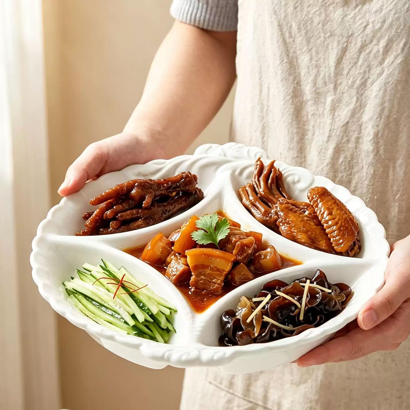 Plateau de service pour chips et trempettes en céramique, plat de service en céramique, assiettes à salade de cuisine en relief, passe au micro-ondes et au lave-vaisselle(Round)