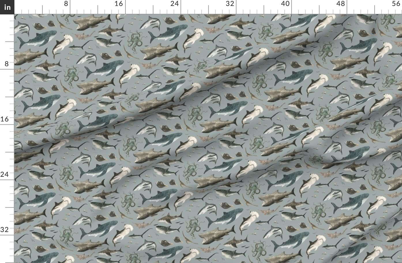 Spoonflower Fabric - Gray Shark Sea Creature Coastal Nautical Beach Marine Maritime Life Printed on Organic Cotton Sateen Fabric by The Yard - Sewing Quilting Apparel Home Decor