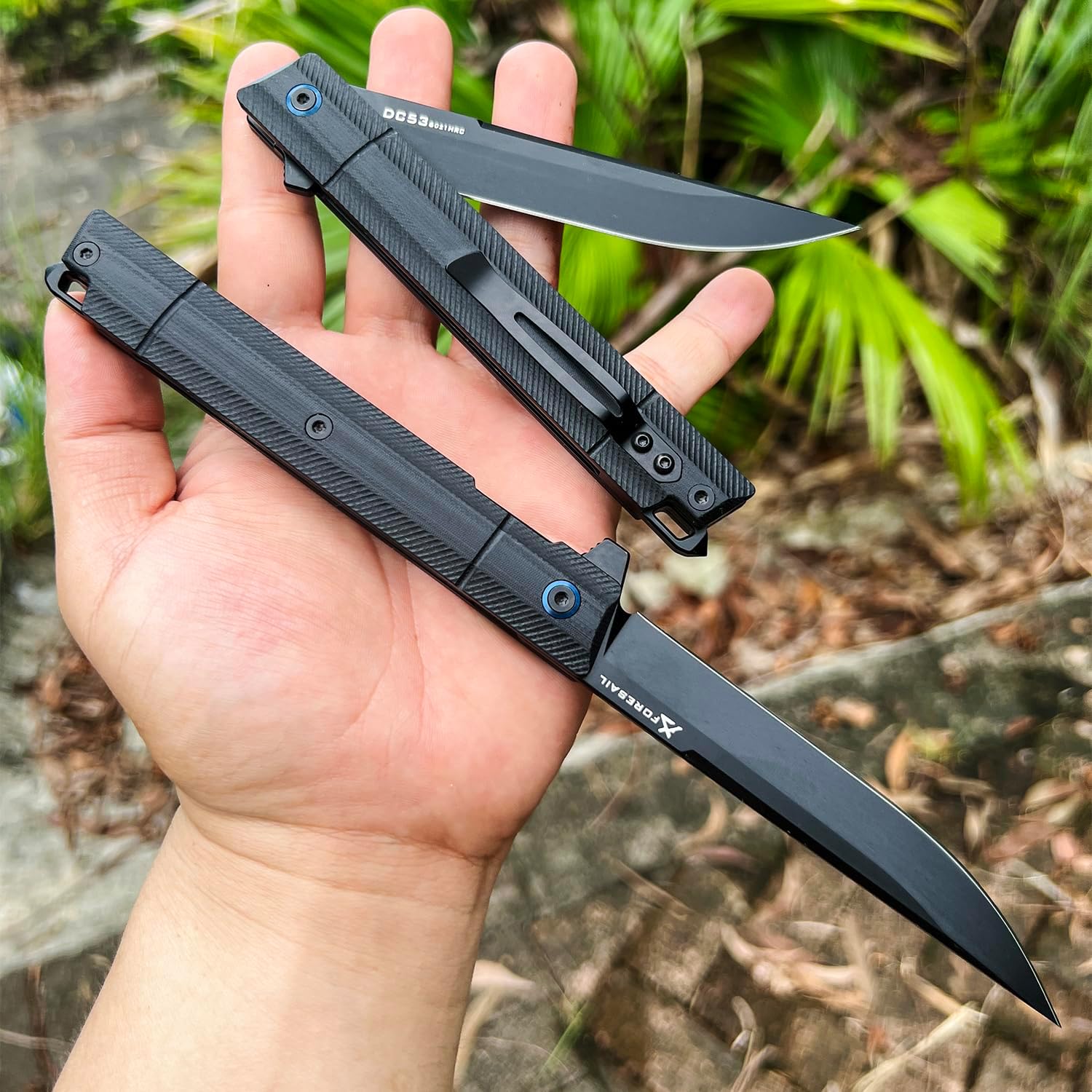 Flipper Pocket Folding Knife,DC53 Steel Blade and G10 Handle. With pocket clip and glass breaker,men's pocket knife hiking trip EDC tool Knife (Black PVD)