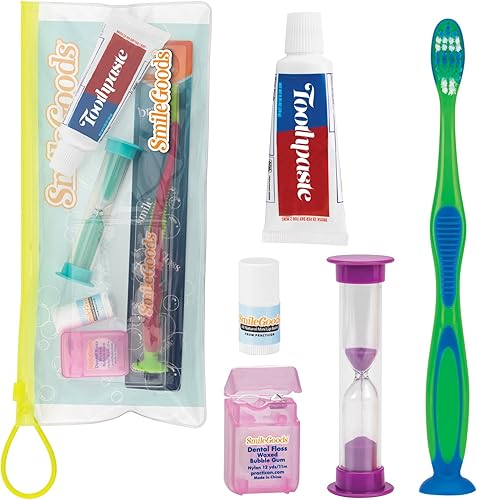 Practicon Kit de cuidado dental de lujo para niños, paquete de tamaño de viaje con cepillo de dientes, pasta de dientes Crest, hilo dental, bálsamo