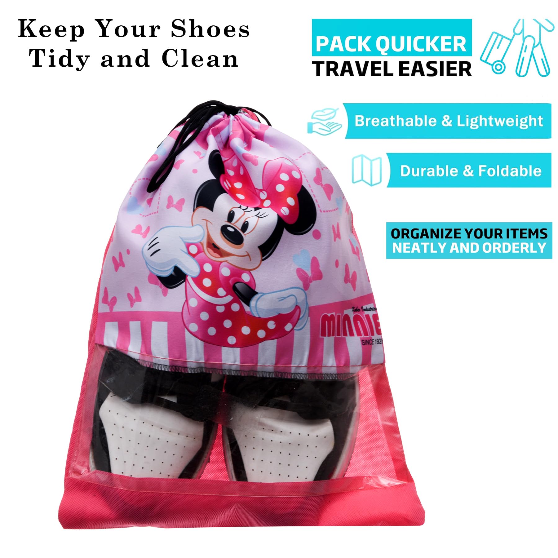 Kuber Industries Disney Minnie Schuhüberzug | Reise-Schuhaufbewahrungstaschen | Polyester-Aufbewahrungstasche | Schuhüberzug mit Kordelzug | Schuh-Organizer mit transparentem Fenster | 6 Stück | Rosa