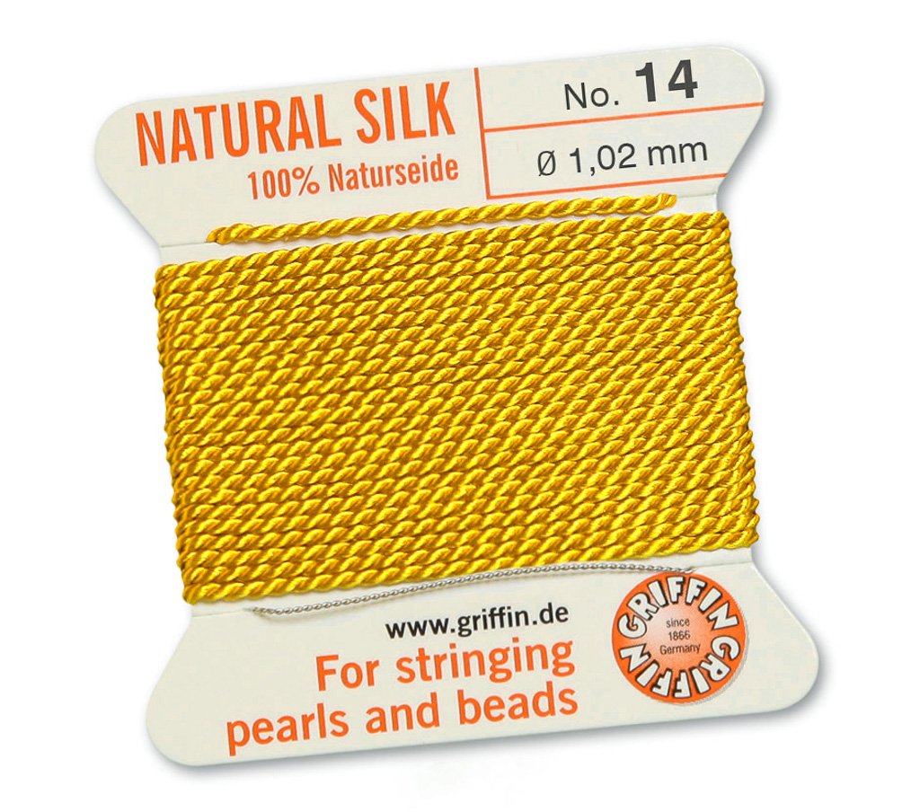 GRIFFIN 100% Natural Silk Beading Cord String Thread - Yellow - 2 metres with one needle - Size 1.02mm