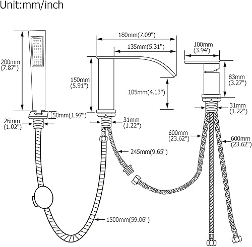 Miniatura 2 de FSCEPIXI Grifo de bañera romana en cascada con ducha de mano, grifo de bañera de montaje en cubierta con pulverizador, juego de grifo de bañera de
