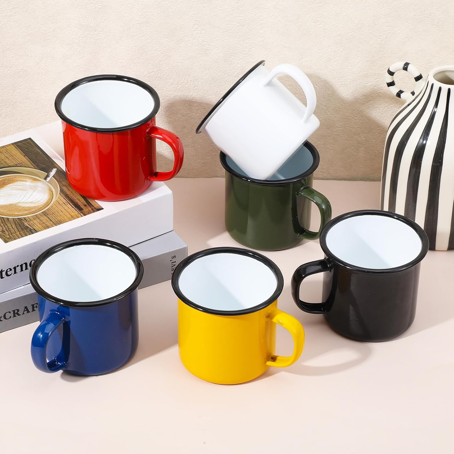 6 Pack Enamel Camping Mugs 12 oz Coffee Mugs with Handle 6 Colors Portable Camp Drinking Cups Bulk Vintage Metal Cups for Home Office Party Supplies