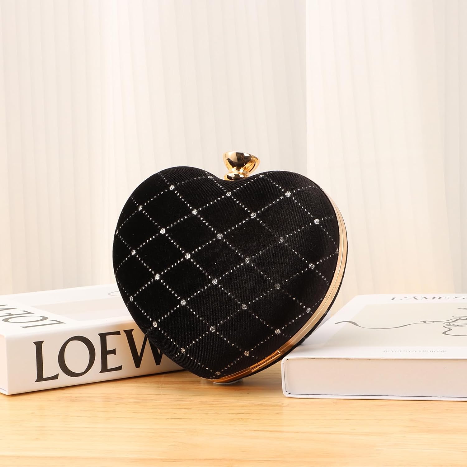 Oweisong Red Heart Shaped Purses for Women Black Velvet Clutch Bag Sparkling Rhinestone Evening Handbag for Wedding Party