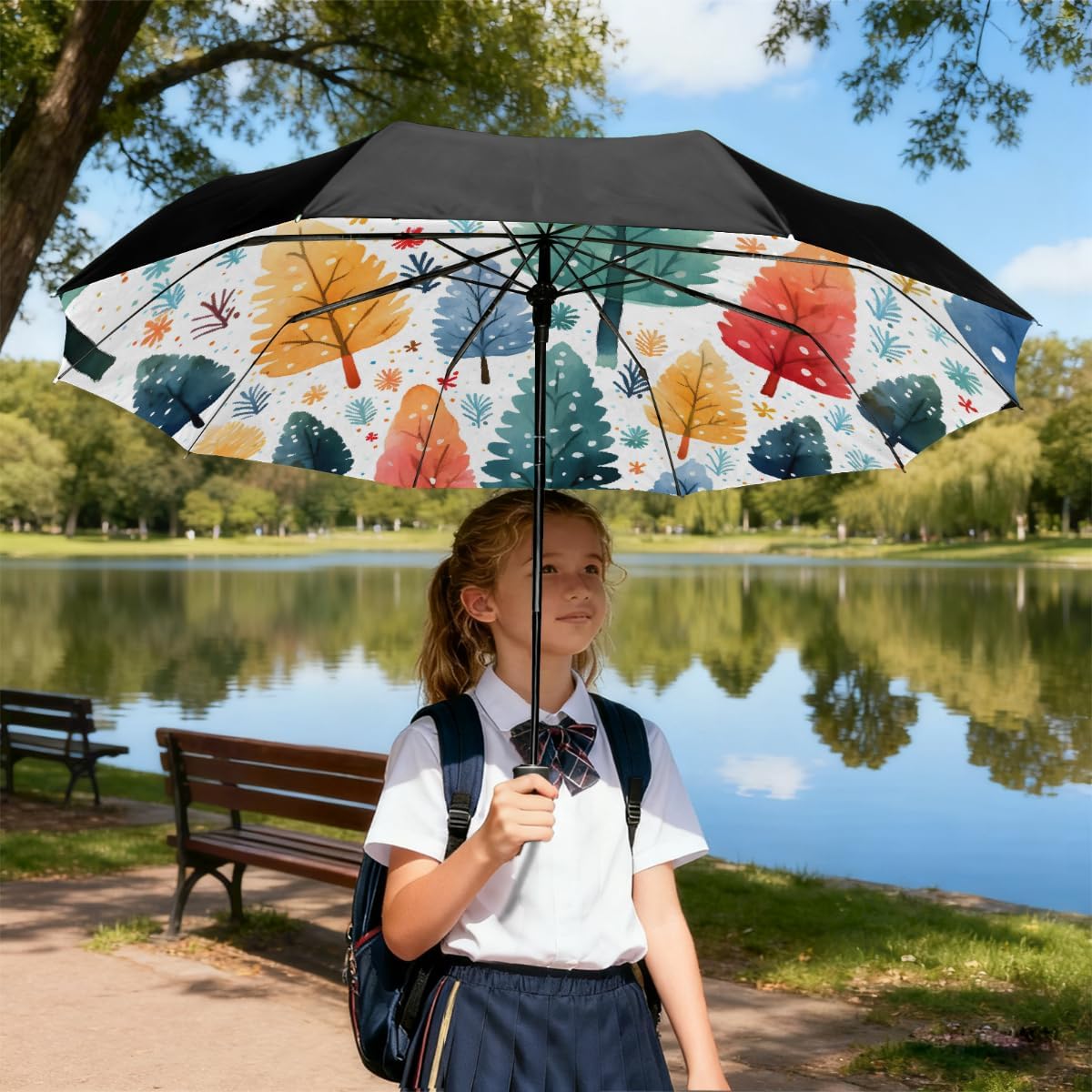 Watercolor Colorful Tree Pattern Folding Umbrella Windproof Compact Lightweight Travel Umbrella with 8 Reinforced Ribs, Portable UV Sun & Rain Protection for Men & Women