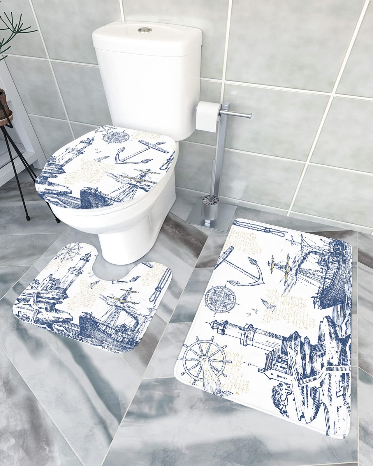 Toilet Pedestal Rug Set Nautical Lighthouse Anchor Abstract Door Mat Microfibre Bathroom Toilet Floor Mat Quick Drying Contour Mat Lid Cover For Floor, Tub, Shower