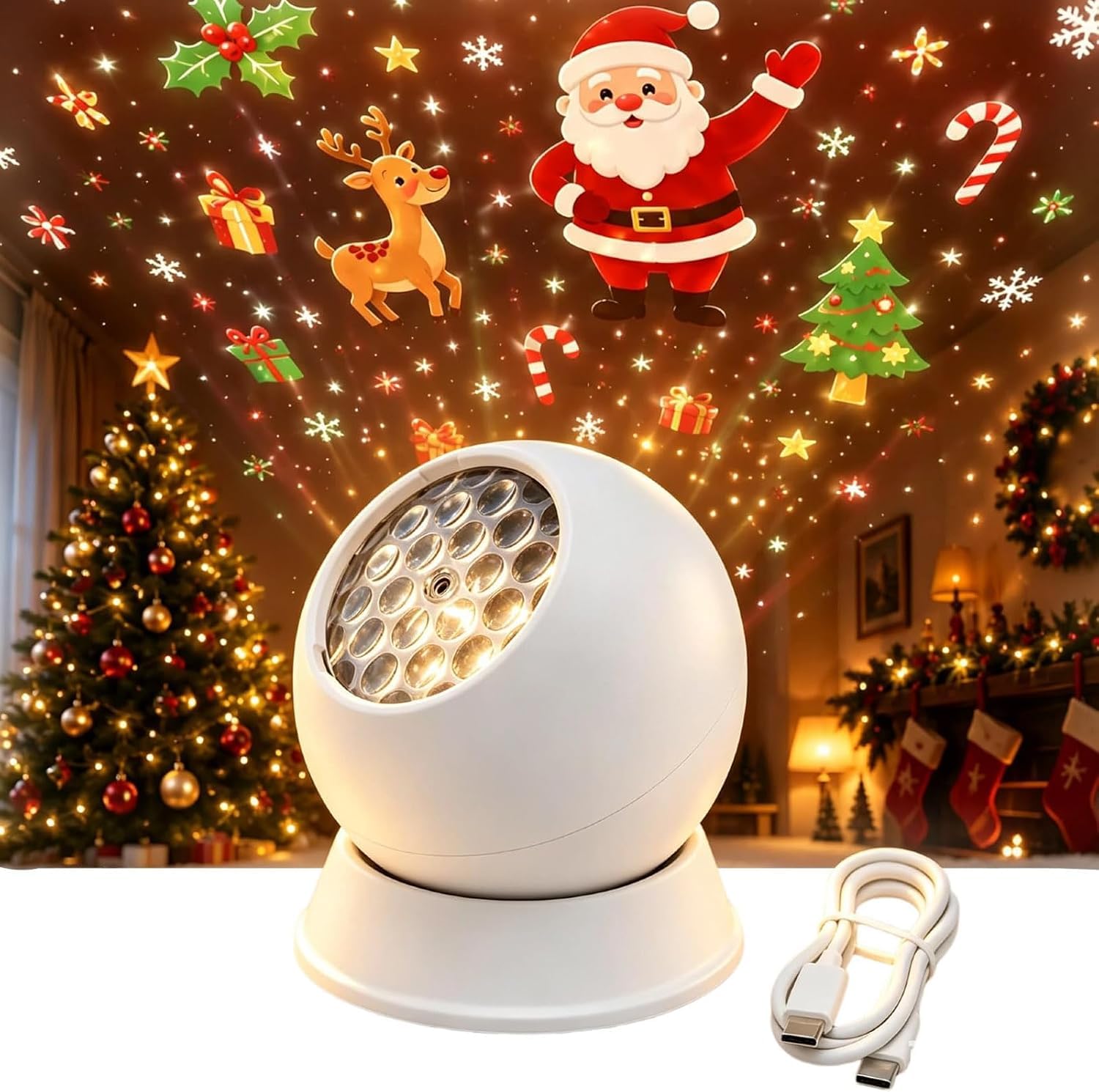 Christmas Projector Lights, Holiday Snowflake Santa Projection Lamp (Christmas-White)