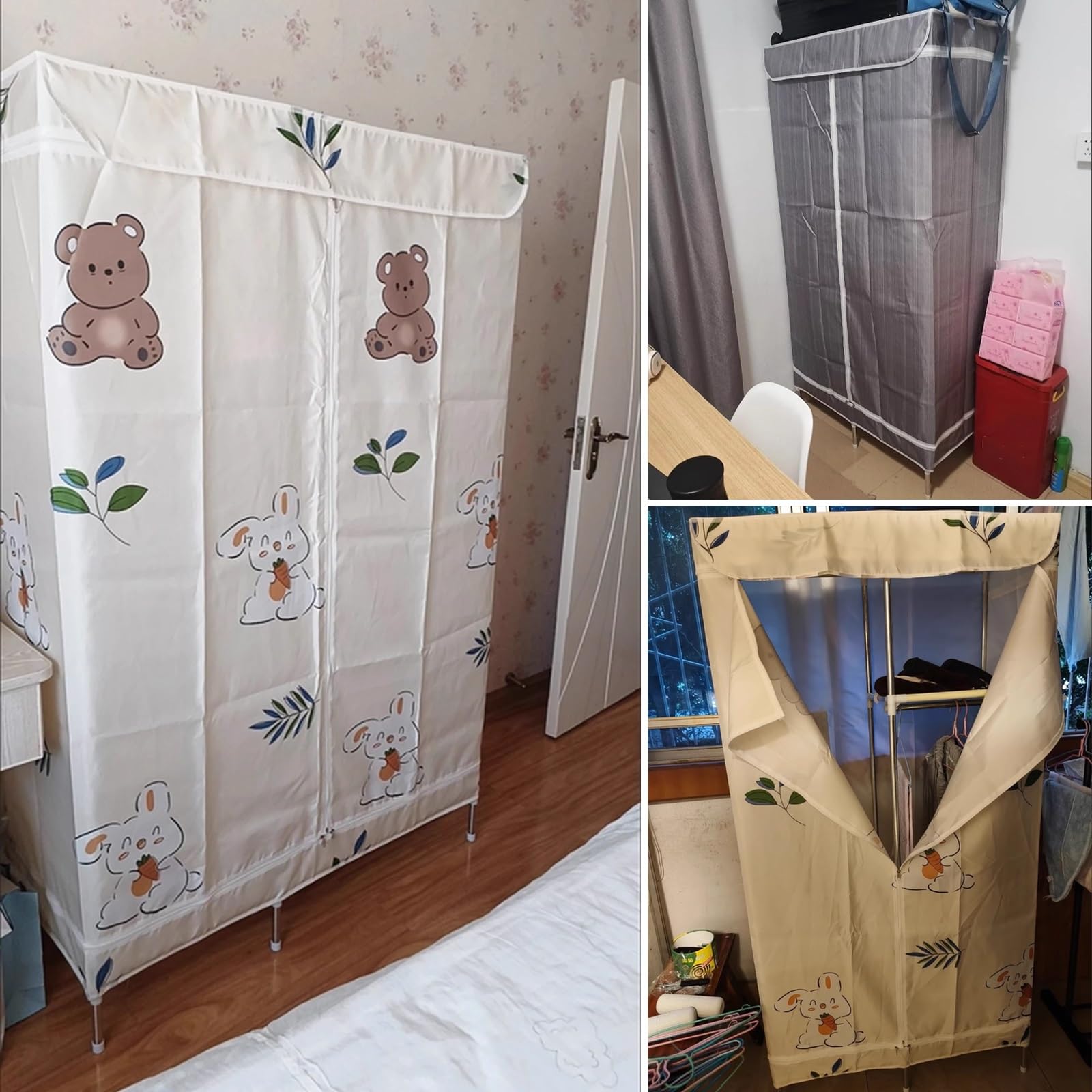 Kleiderschrank Stoff mit Kleiderstange Große Kapazität Camping Kleiderschrank Klappbar Klamotten Ständer mit Reißverschluss für Wohnheime und Wohnungen(Beige,68cm)