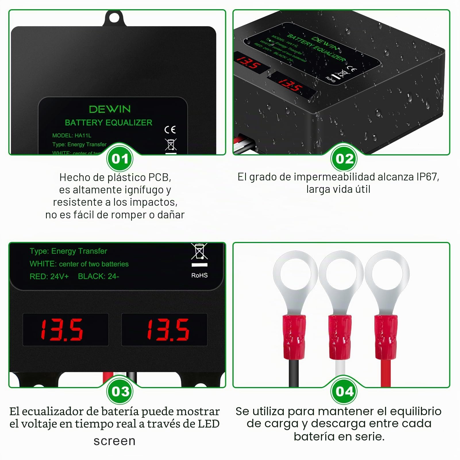 Ecualizador de Batería de 24V Balanceador de Batería de 2x12V, IP67 Ecualizador de Batería para Baterías de plomo-ácido/litio/níquel-hidruro metálico/fosfato de hierro y litio