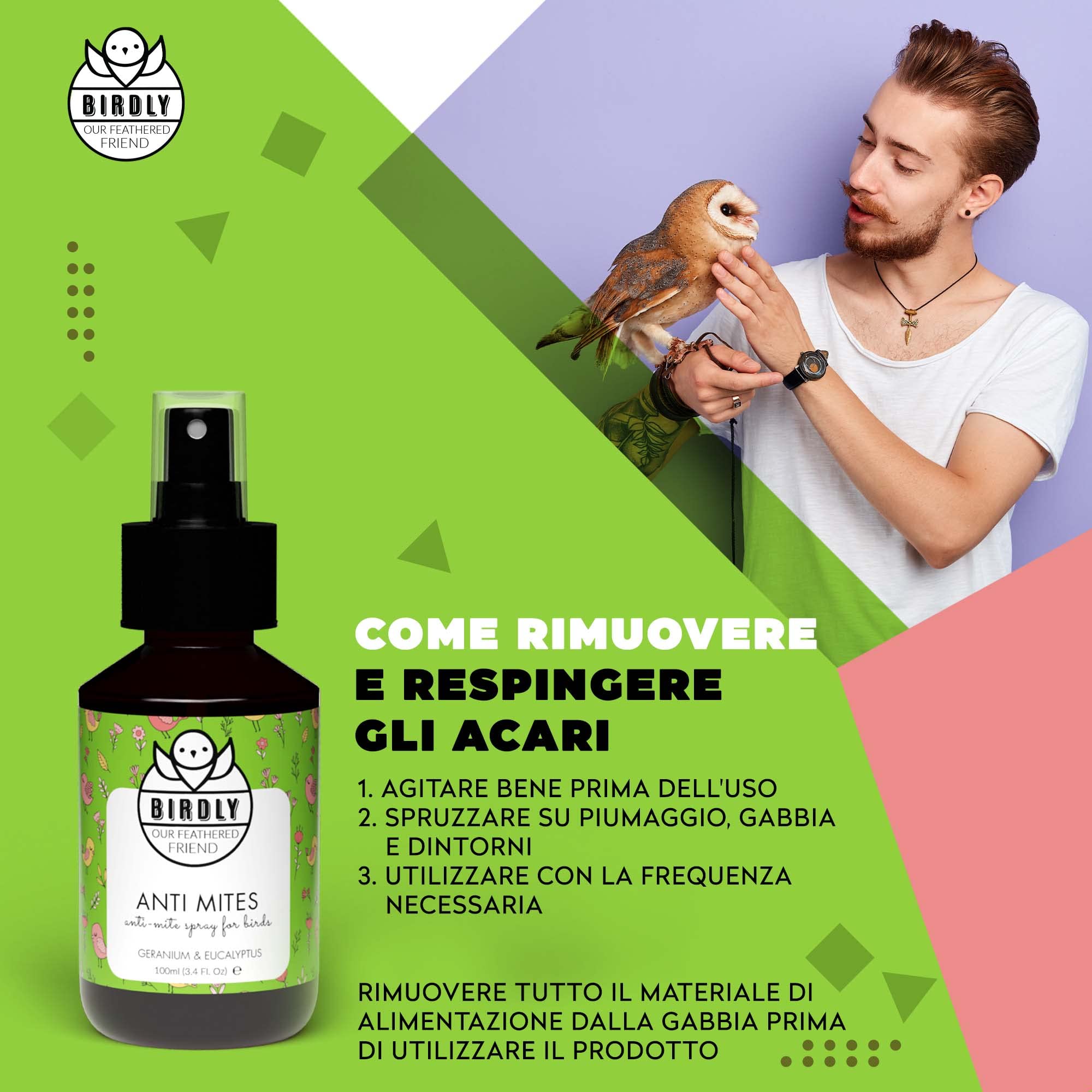 Birdly Spray Antiparassitario per Galline e Anti Pidocchi per Uccelli da Gabbia - Spray Repellente Anti Acari con Vitamina E - Spray Anti Pidocchi Galline, Canarini, Pappagallo e Cocorito,100ml