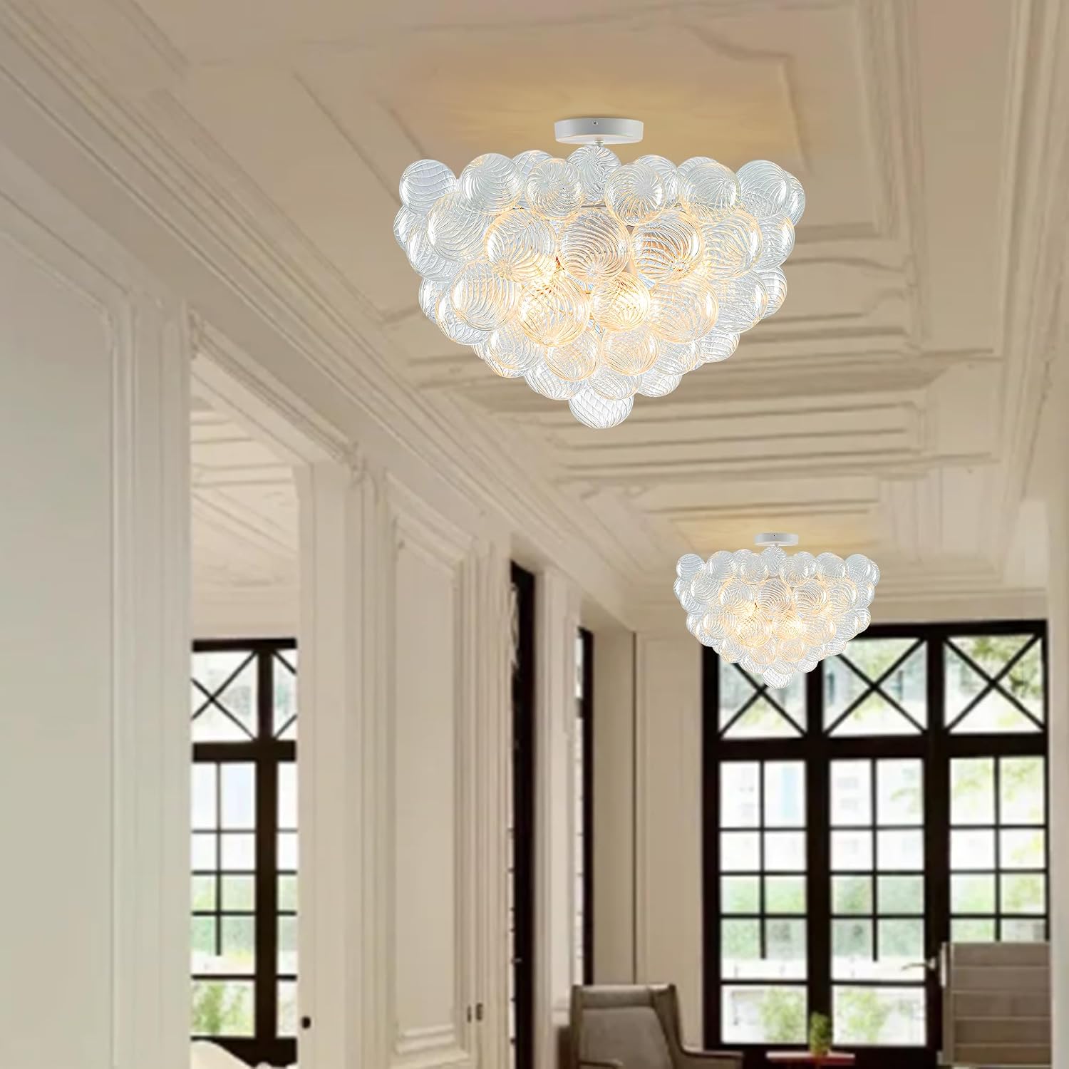 Hand Blown Glass Bubble Ball Chandelier White Finish 24" Semi-Flush Mount Ceiling Lights Art Deco Cluster Ribbed Glass Globe Chandeliers Light Fixture for Dining Living Hall Entry Foyer