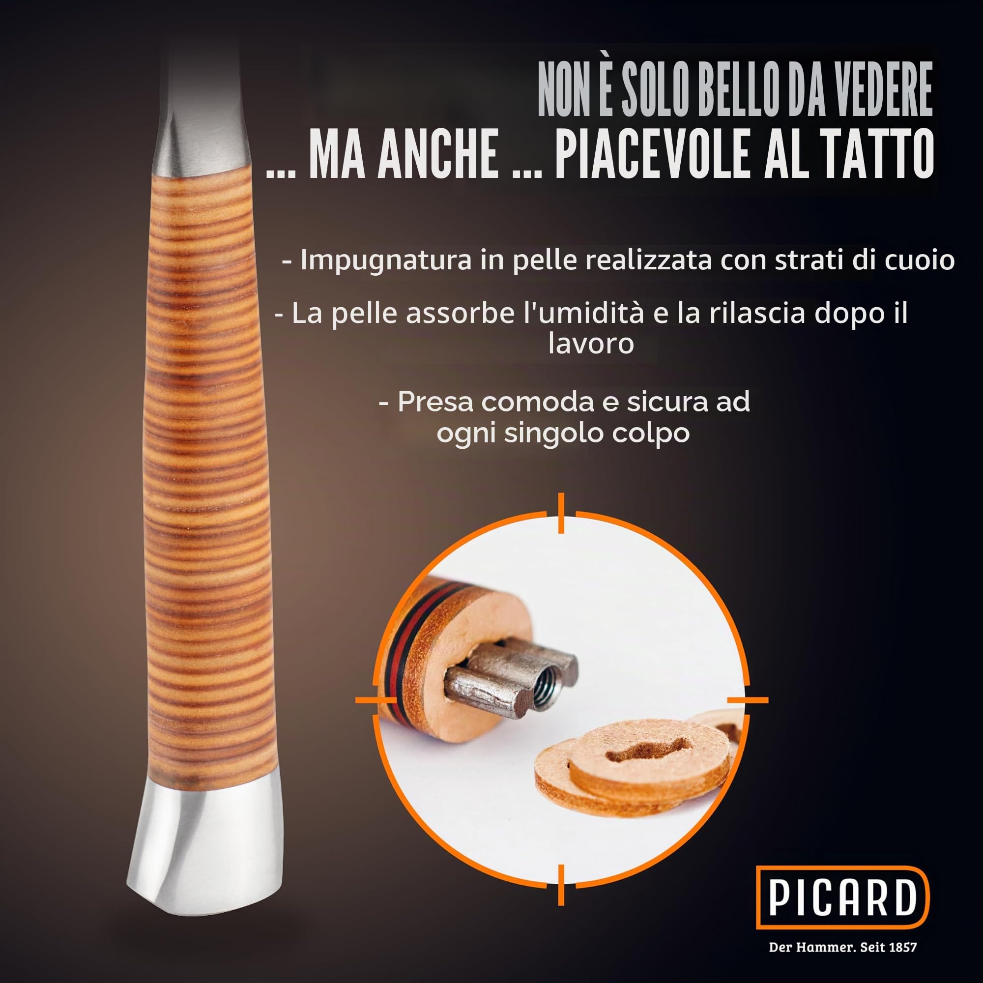 PICARD Martello da carpentiere n. 795 | Martello carpentiere in acciaio pieno con doppia leva | Hammer professionale in acciaio speciale | Impugnatura in pelle | Alta precisione e durata