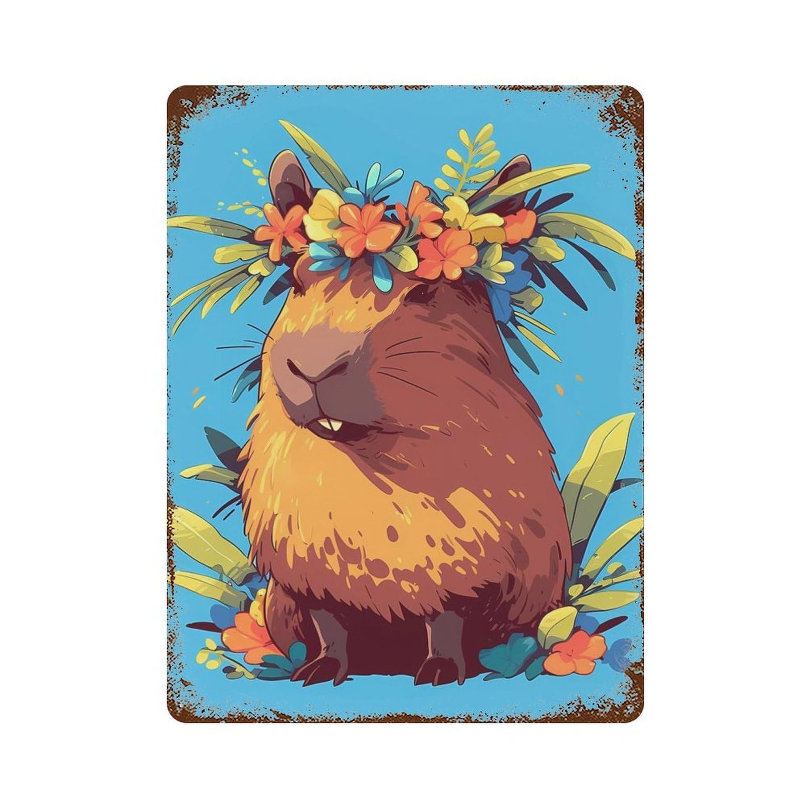 Capybara with Floral Crown Illustration Distressed Metal Wall Sign 15.7"x11.8", Ideal for Pub, Kitchen And Man Cave Decor