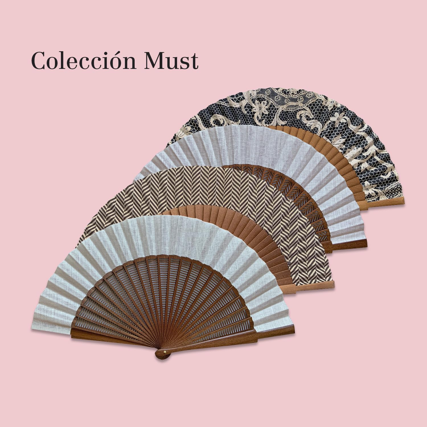 Ventaglio spagnolo Calado Espiga - Legno e cotone - 23 cm - Custodia in yute natural - Accessorio moda - Fatto a mano in Spagna - Eventi e regali - Collezione Must