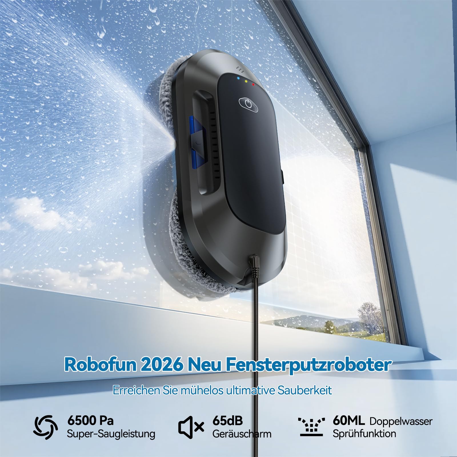 W23D 6500Pa Fensterputzroboter mit Doppeldüsen-Sprühfunktion, Elektrischer Fensterroboter Für Fenster/Fliesen, <65dB, Intelligente Navigation,10 Reinigungstücher, Robot Lave Vitres