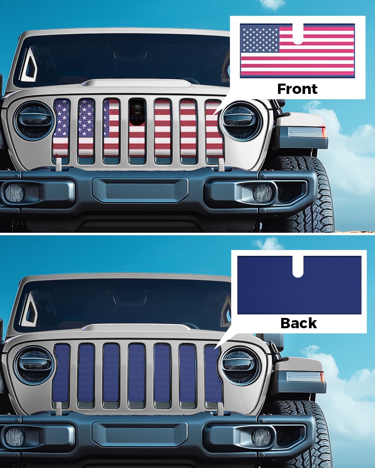 Xprite Grill Insert with Red & Blue US Flag, Aluminum Alloy Front Grille Mesh Inserts Compatible with 2018–2026 Jeep Wrangler JL & Gladiator JT (Designed for Models with Front Camera or ACC Radar)
