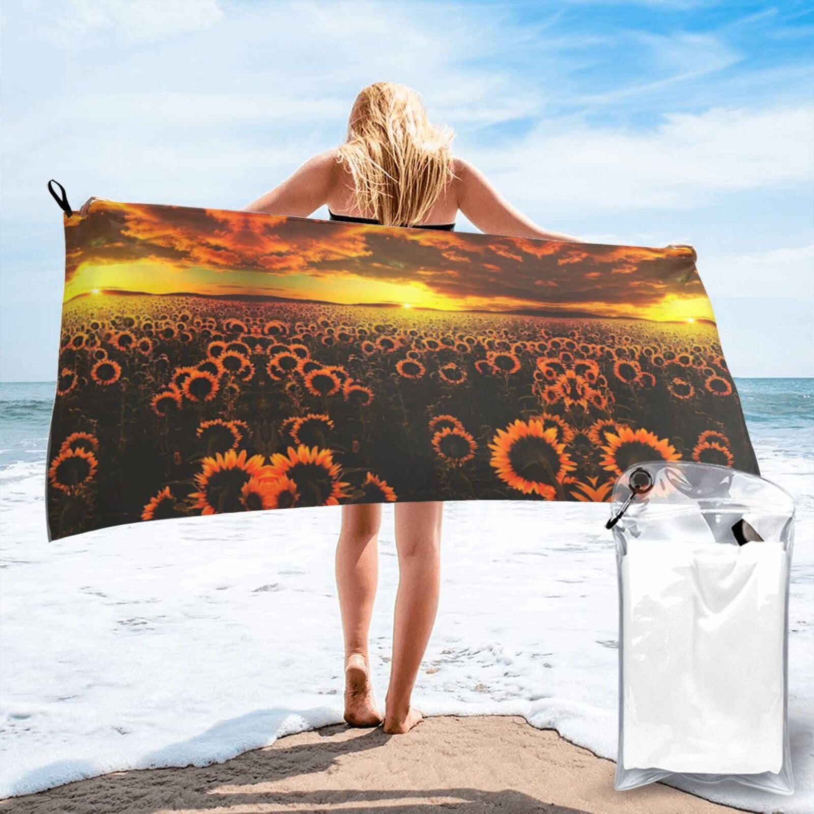 Sunflower Field Sunset Sea Of Flowers Print Camping Towel Fast Drying Bath Beach Shower Wrap For Gym Camping Vacation Adults Portable Gift