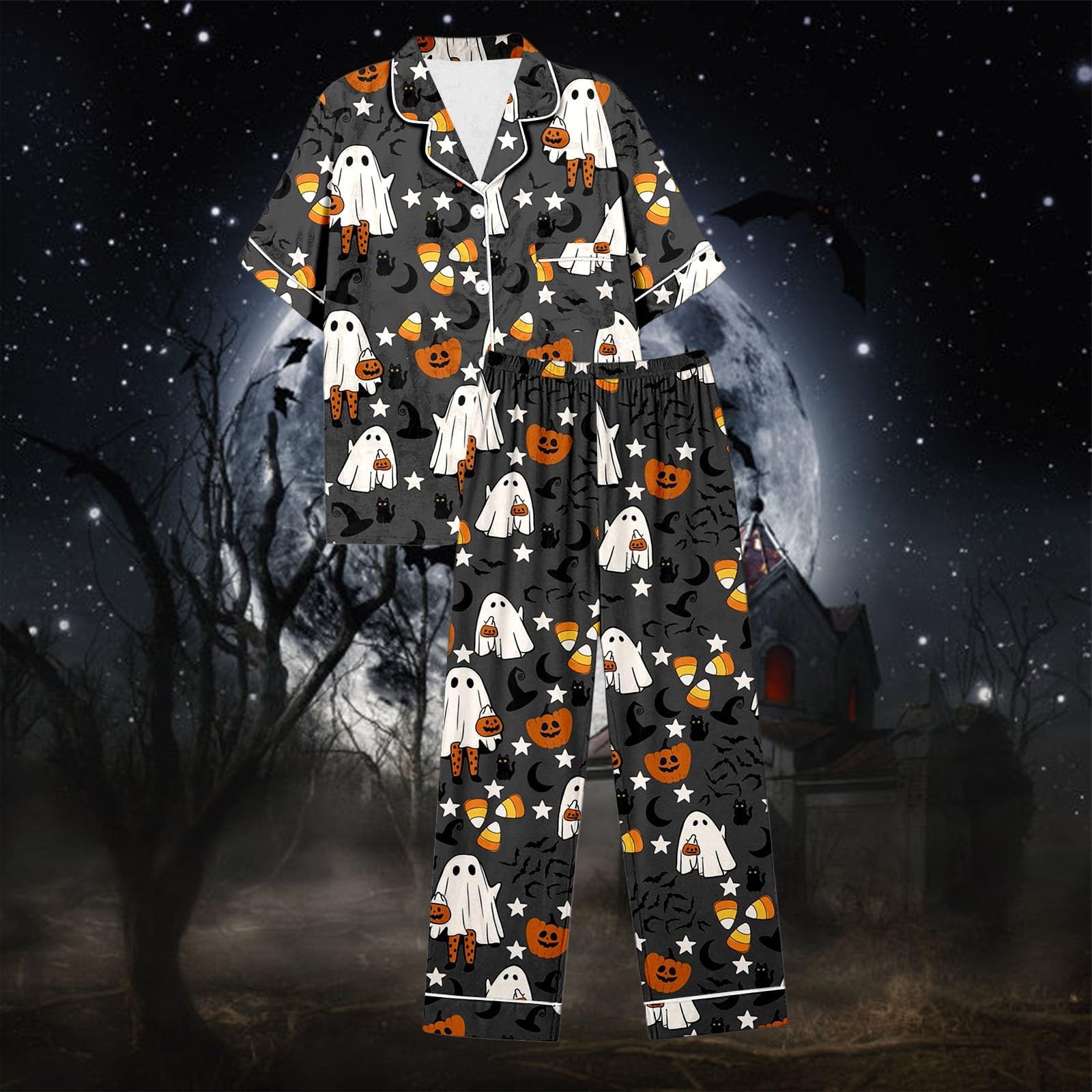 Genérico Conjuntos Pijama Mujer Halloween Satén Seda Manga Corta Abotonado Pantalones Cortos Ropa Dormir Cómoda Elegante Otoño Invierno