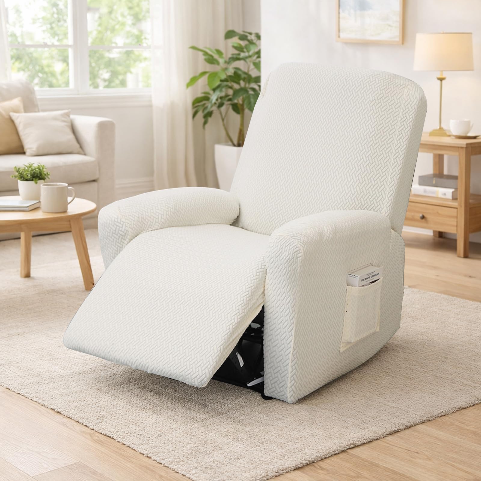 Yunlaishaocer Set di 4 Copri Poltrona Relax Reclinabile, Copripoltrona 1 Posto Elasticizzato con Tasche e Braccioli,Utte le Inclusive Strisce Jacquard, Lavabile (Beige)