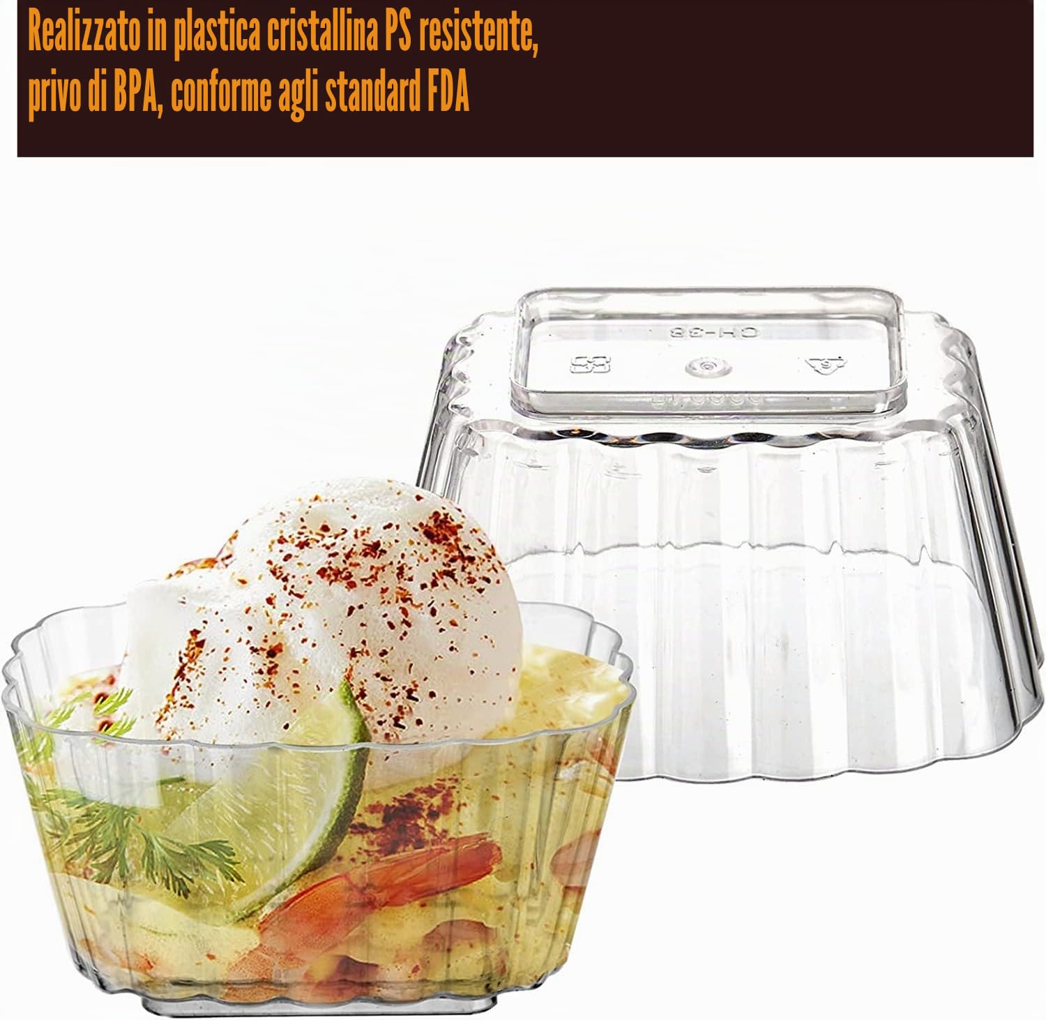 LATERN 50 Pezzi Tazze da Dessert in Plastica, 150ml Coppe da Dessert Quadrate Ripple Tazza di Antipasto Semifreddo Trasparente Ciotola da Portata Riutilizzabile per Mousse Budino Festa (8,3 x 6,3cm)