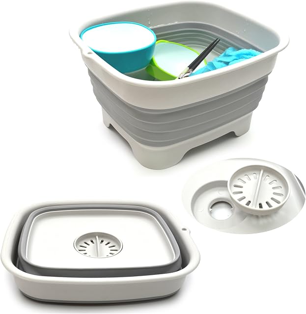 SAMMART 9.1L Collapsible Dishpan with Draining Plug - Foldable Washing Basin - Portable Dish Washing Tub - Space Saving Kitchen Storage Tray (Grey)