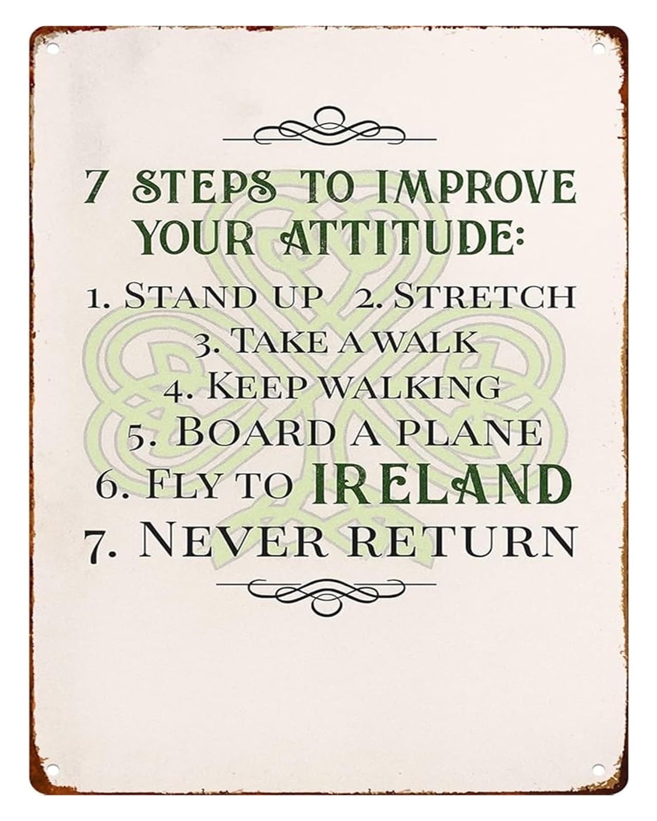 NWPNLXEA Humorous Irish Attitude Metal Sign 7 Steps To Improve Your Attitude for Pub Home Bar Man Cave 8 X 12 in