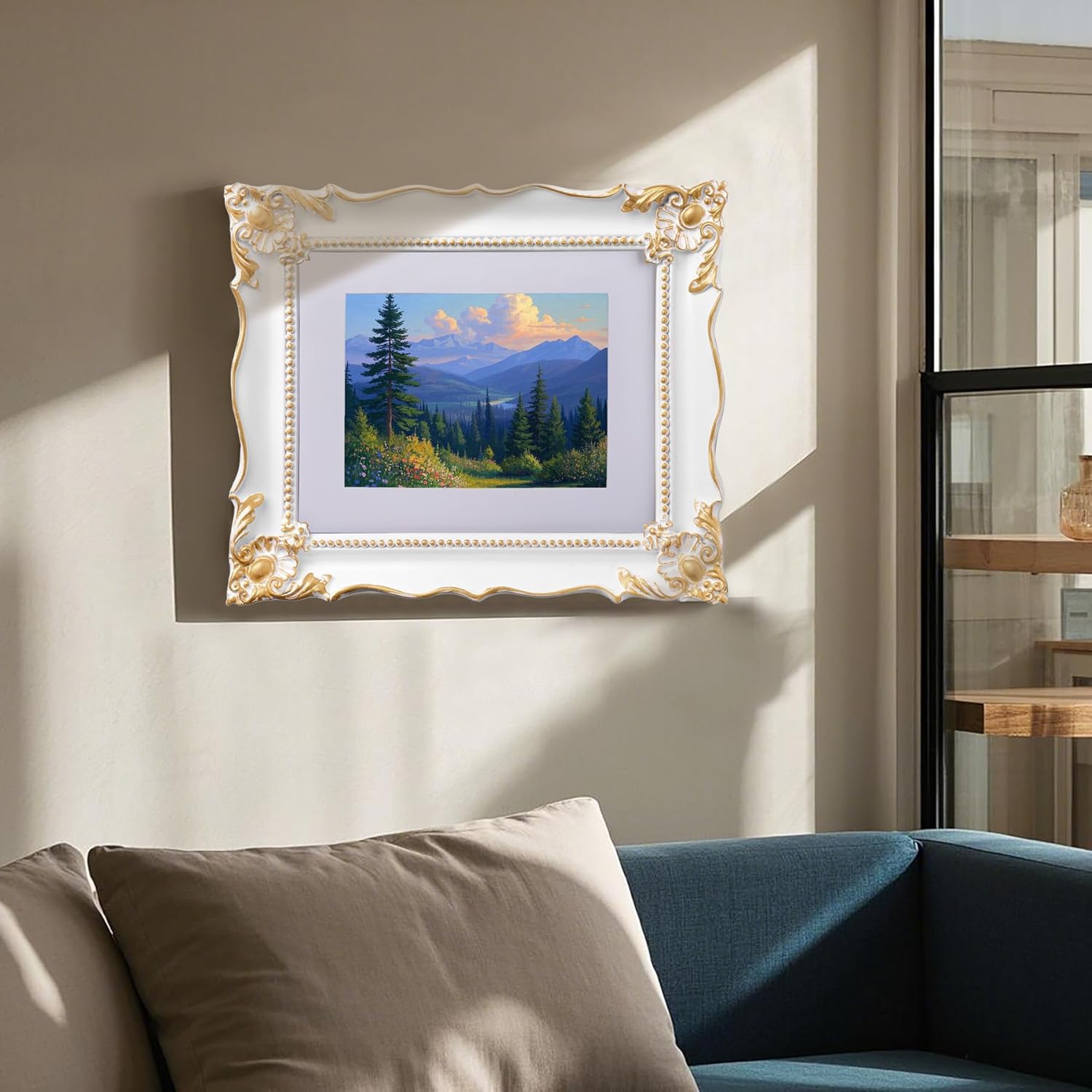 8x10 ビンテージ写真フレーム エンボスフラワーデザイン ホワイト装飾フレーム 8x10または5x7インチの写真用 ホワイトマット