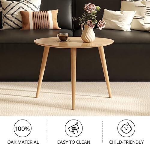 Miniatura 3 de Mesa de café ovalada pequeña, mesa auxiliar moderna de mediados de siglo de 25.6 pulgadas para sala de estar, mesa central 100% madera de roble
