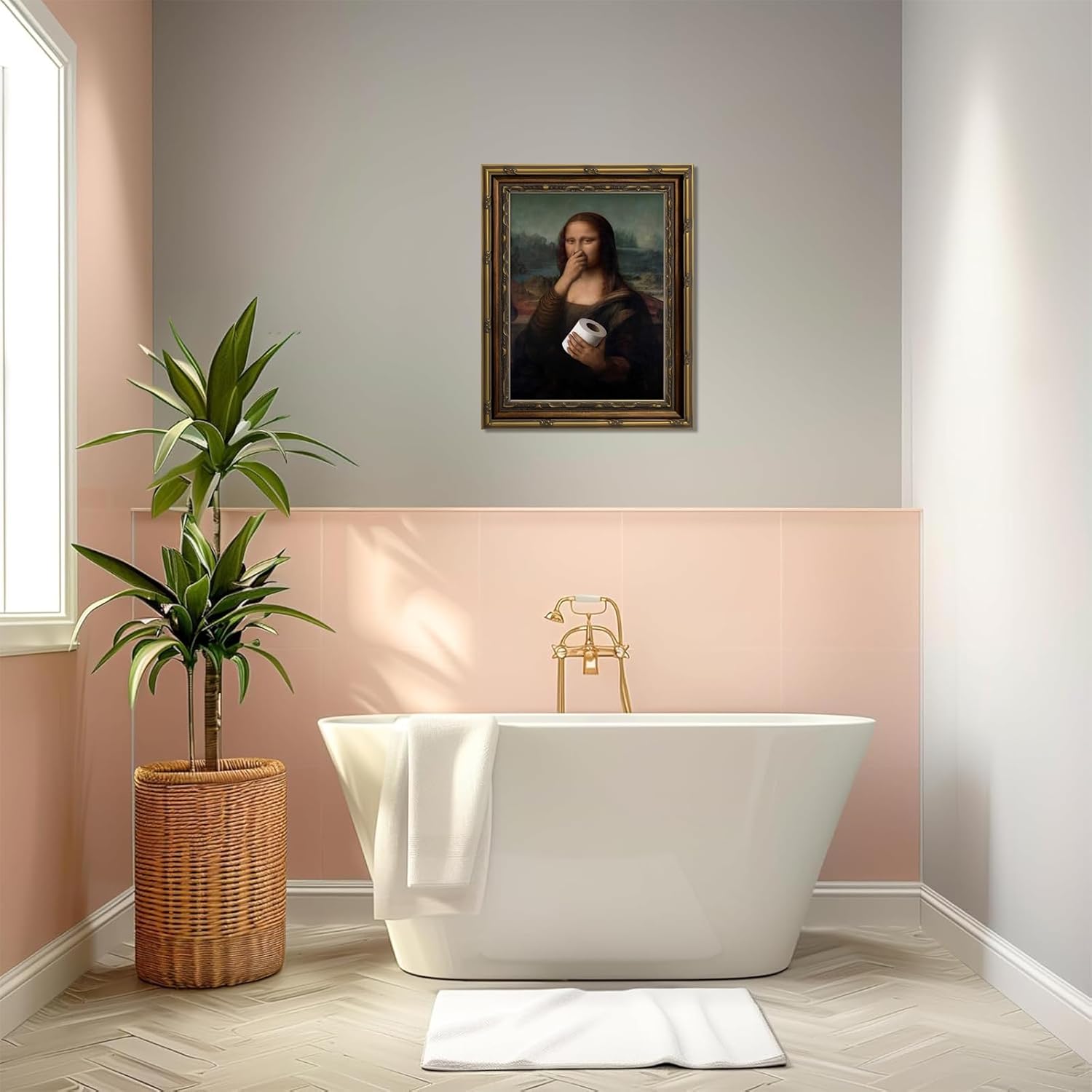 Framed Funny Mona Lisa Bathroom Wall Art Funny Bathroom Wall Art Vintage Mona Lisa Holding Toilet Paper Poster Framed Vintage Painting Pictures Artwork Canvas Prints for Restroom Toilet 16x24in