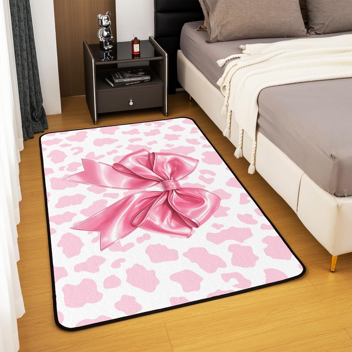 Princess Bow Area Rug 3x5 | Pink Cow Print Rugs for Living Room Kawaii Bow Tie Cute Ribbon Bowknot Washable Rug, Farmhouse Cowhide Western Carpet Indoor Floor Mat