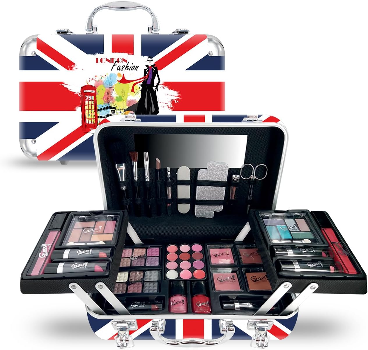GLOSS! Travel XL make-uppalet voor dames, 60 stuks, blush, oogschaduw, lippenstift, nagellak, accessoires, opbergkoffer, cadeau-idee voor dames