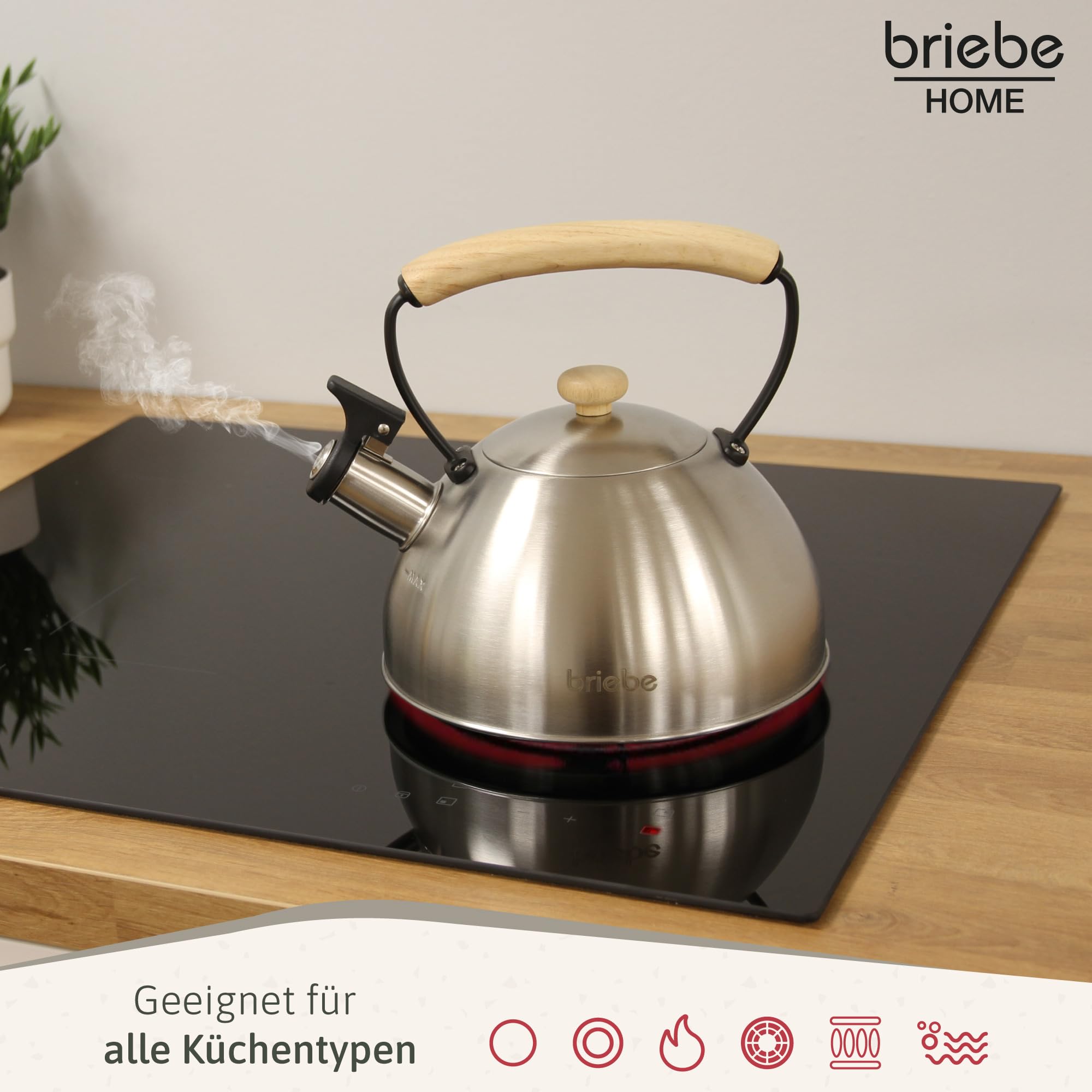 briebe Wasserkessel Induktion 2,3L, Flötenkessel, Edelstahl Teekessel Retro, Vintage Design, Alle Herdarten, GlasKeramikherd, Gas, Elektroherd, Holzgriff Cool-Touch, für Tee Kaffee, Tea pot, Inox