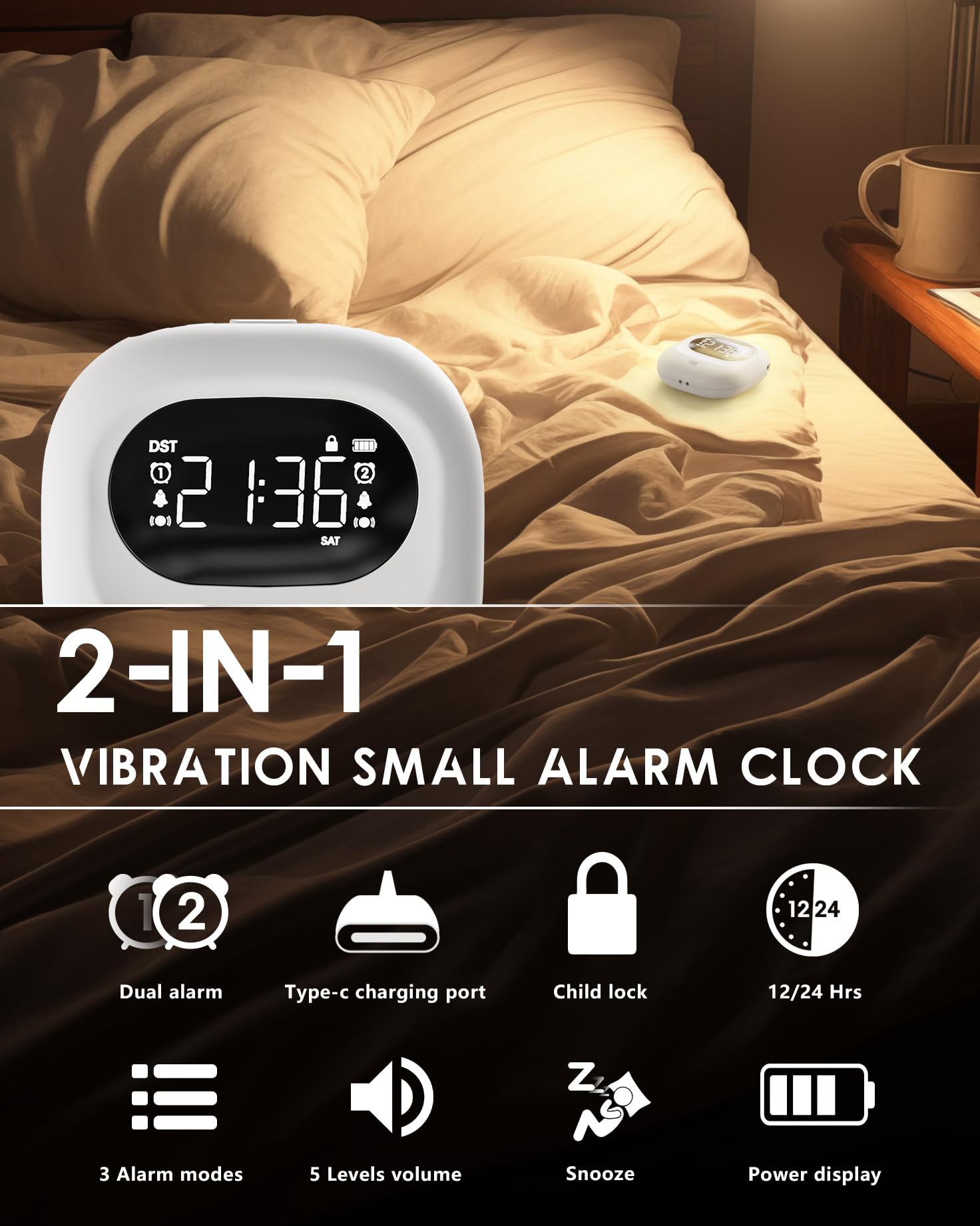 ROCAM Despertador con vibración para Personas Que Duermen Mucho, Funciona con Pilas, Volumen Ajustable en 5 Niveles, Alarma Doble/Fin de Semana, Snooze, 12/24H, DST, Reloj Digital portátil