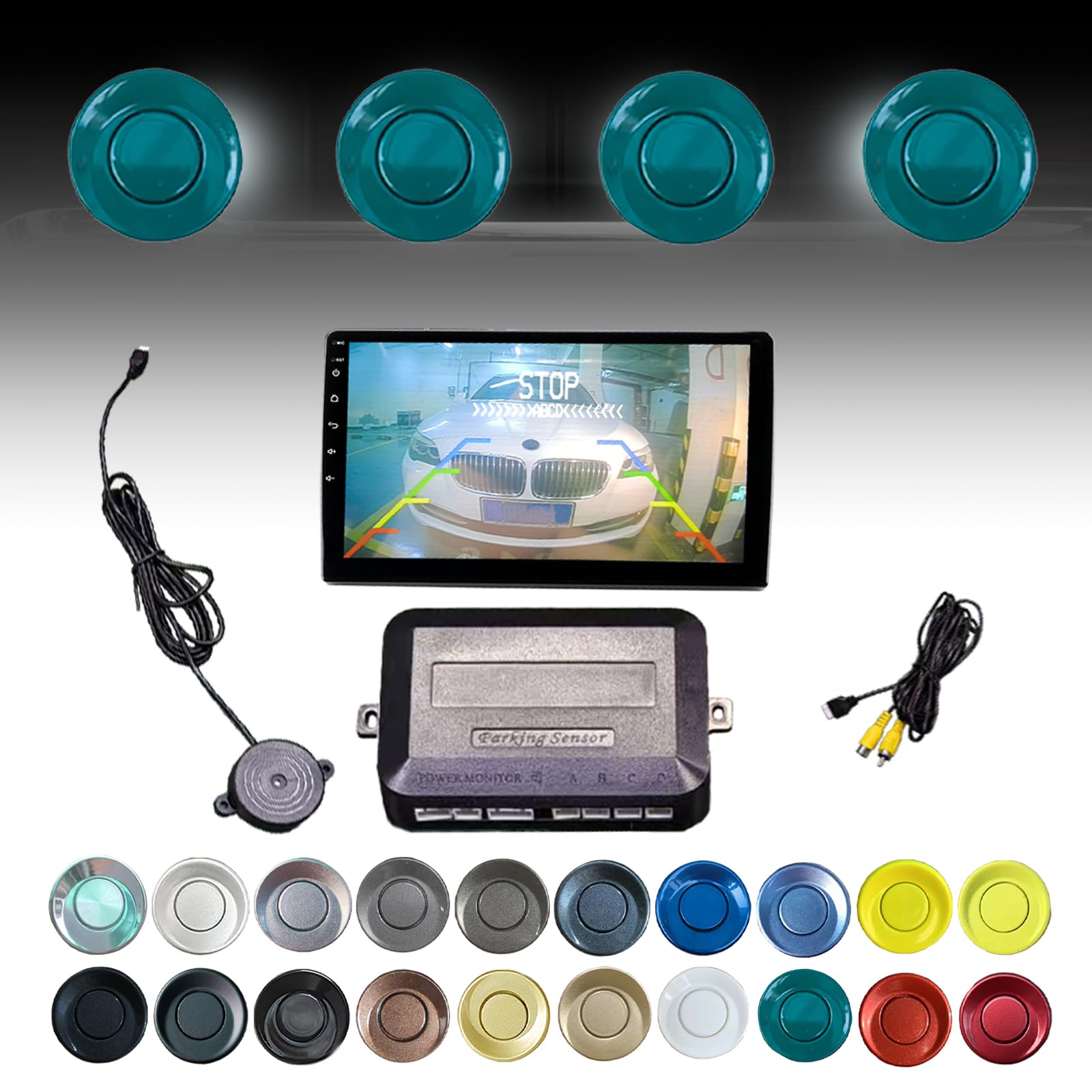 Parking Sensor Kit LCD - Displays Data on Original Screen, Easy Rear Installation, Compatible with CVBS Cameras (Not for AHD), 20 Probe Colors to Match Any Vehicle（Green）