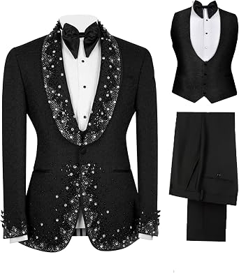 Mens Rhinestone Embellished 3 Piece Tuxedo Suit, Shawl Lapel Blazer Jacket, Vest and Pants