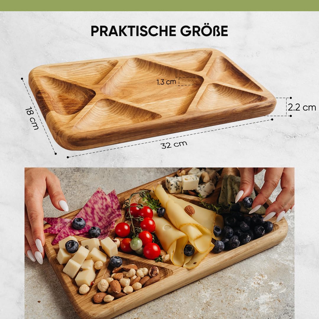 WDOMA Frühstücksbrettchen holz aus Eiche 2er Set - Servierbrett Holz - Snackteller mit Fächern - Vesperbrett Holz