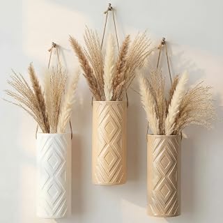 Ninehaoou Ceramic Boho Wall Planters Set of 3 - 7.9" Hanging Vases, Modern Farmhouse Geometric Minimalist Wall Decor for Bedroom Living Room