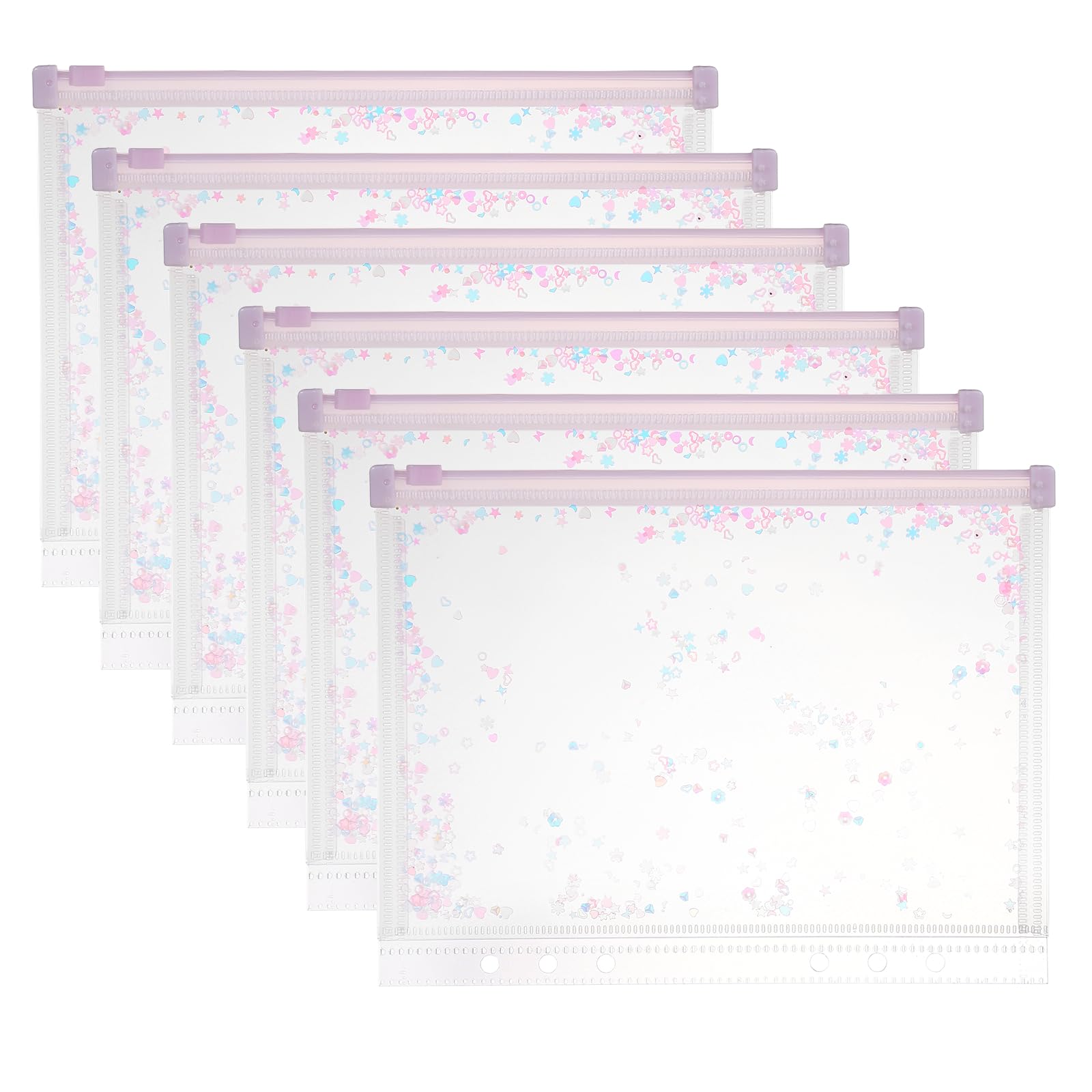 PATIKIL 6Pcs A5 Plastic Binder Zipper, Binder Pockets 9 x 7 Clear Envelope Folders Planner Waterproof Pouch Filing with Sequin Decor for Document Notebook Card Organizer, Light Purple