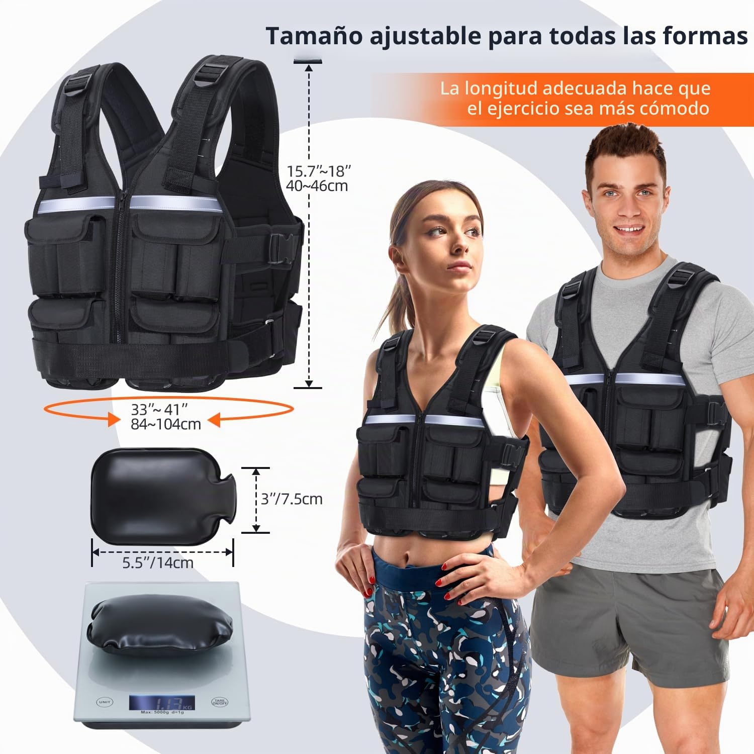 Sportneer chaleco con peso ajustable para hombres y mujeres, 0.9 kg a 19 kg, chaleco reflectante para correr