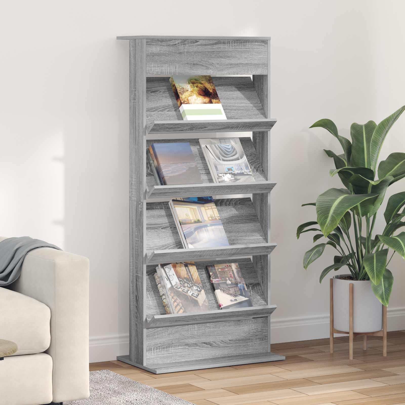 Mangloder - Portariviste grigio Sonoma in legno, 70 x 41 x 156 cm, con 4 ripiani autoportanti, spazio per soggiorno, home theater, gaming e ufficio, facile da pulire