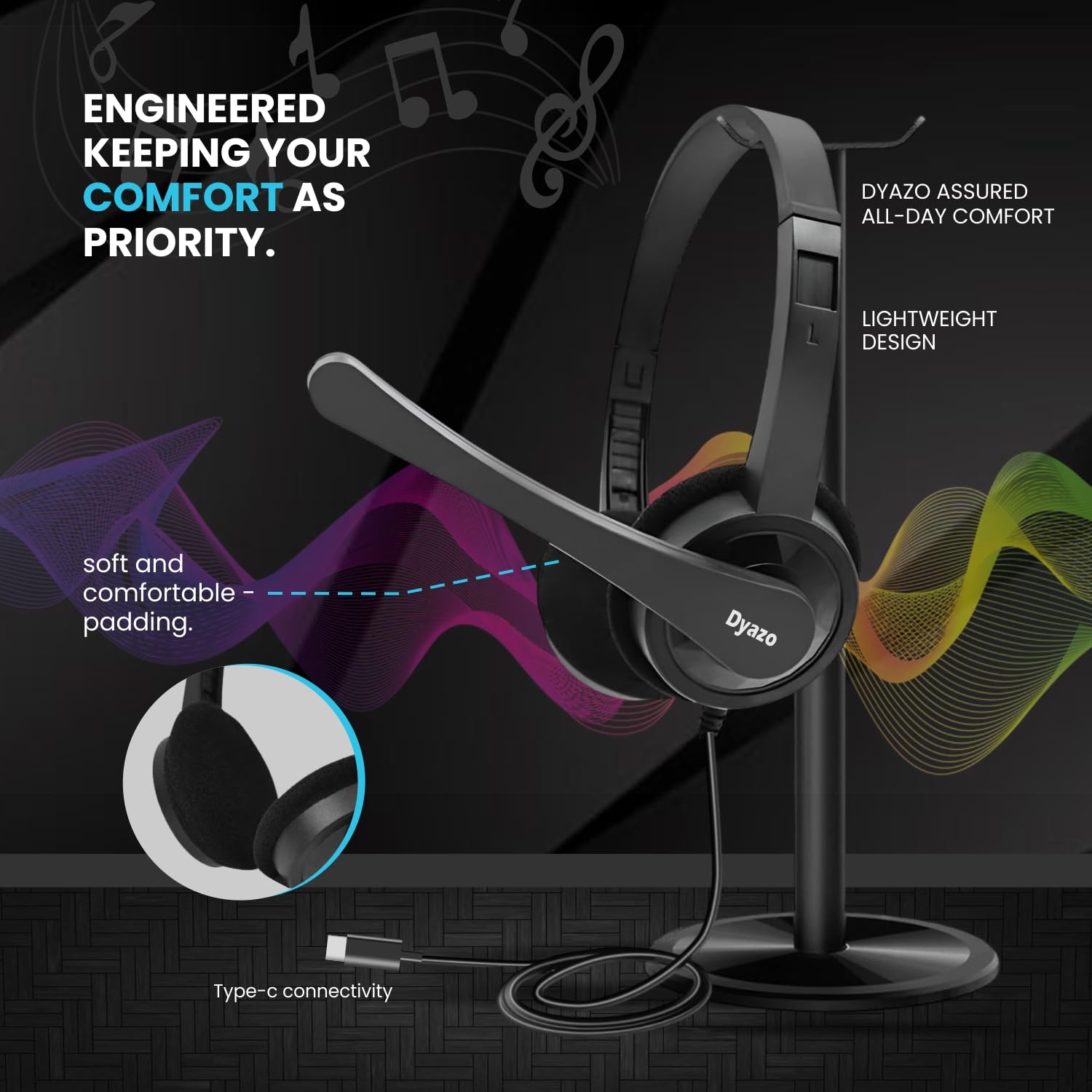 Dyazo Type C Wired Headphones with Mic | Lightweight On Ear Headset Compatible for PC, Mobile Phones, Laptop & MacBook | Comfortable Fit | Ideal for Office, Calls & Online Meetings (Black) — Amazon image 5