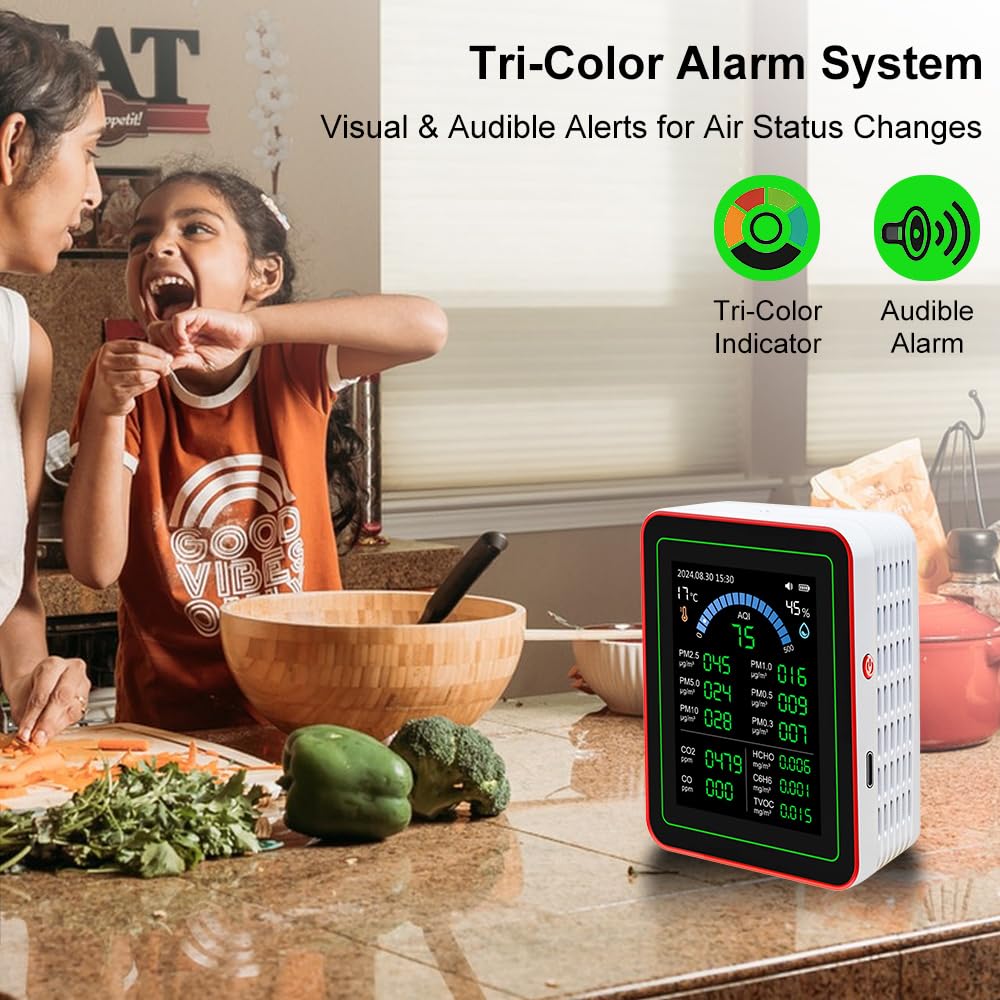 Gugxiom Probador de Calidad del Aire Interior, 18 en 1, CO2, TVOC, HCHO, PM2.5, PM10, Detección de Temperatura y Humedad, Almacenamiento de Datos
