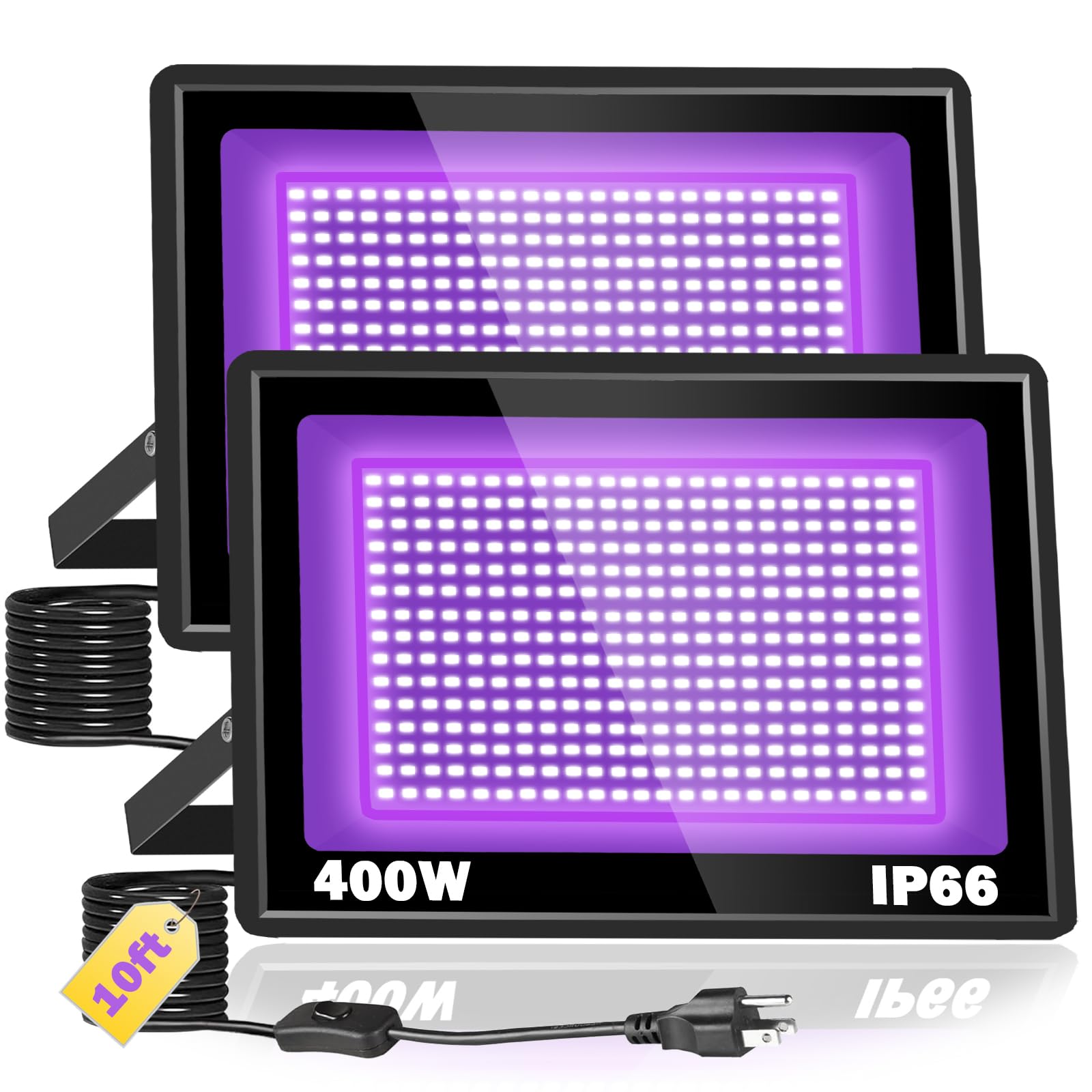 2 Pack 400W LED Black Light, Blacklight Flood Light with 10ft Plug &amp; Switch, IP66 Waterproof Outdoor Floodlight for Halloween Fluorescent Poster Body Paint Neon Glow in The Dark Stage Lighting