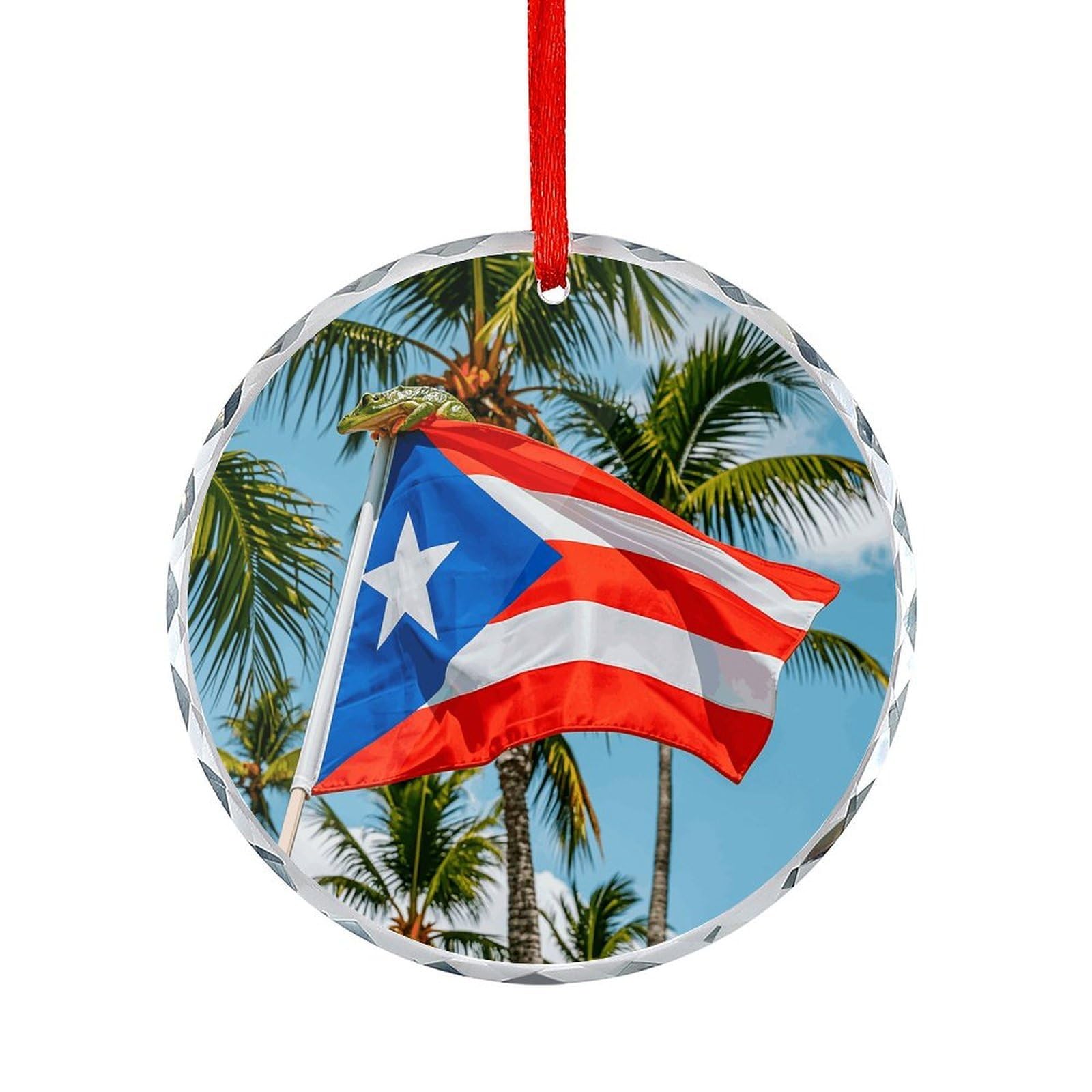 Btcowzrv Style Puerto Rico Flag Coqui Frog Palm Round Ornament Hanging Pendant Decor